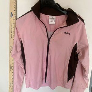 ADIDAS Women's M Arm Three Stripe Windbreaker Jacket Full Zip Pink Brown Pockets